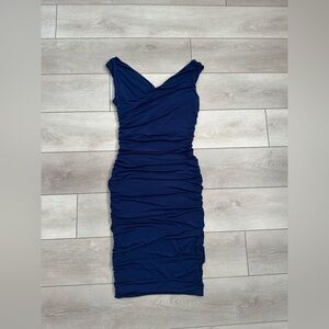 EUC Express Deep Blue Gathered Midi Dress Size M